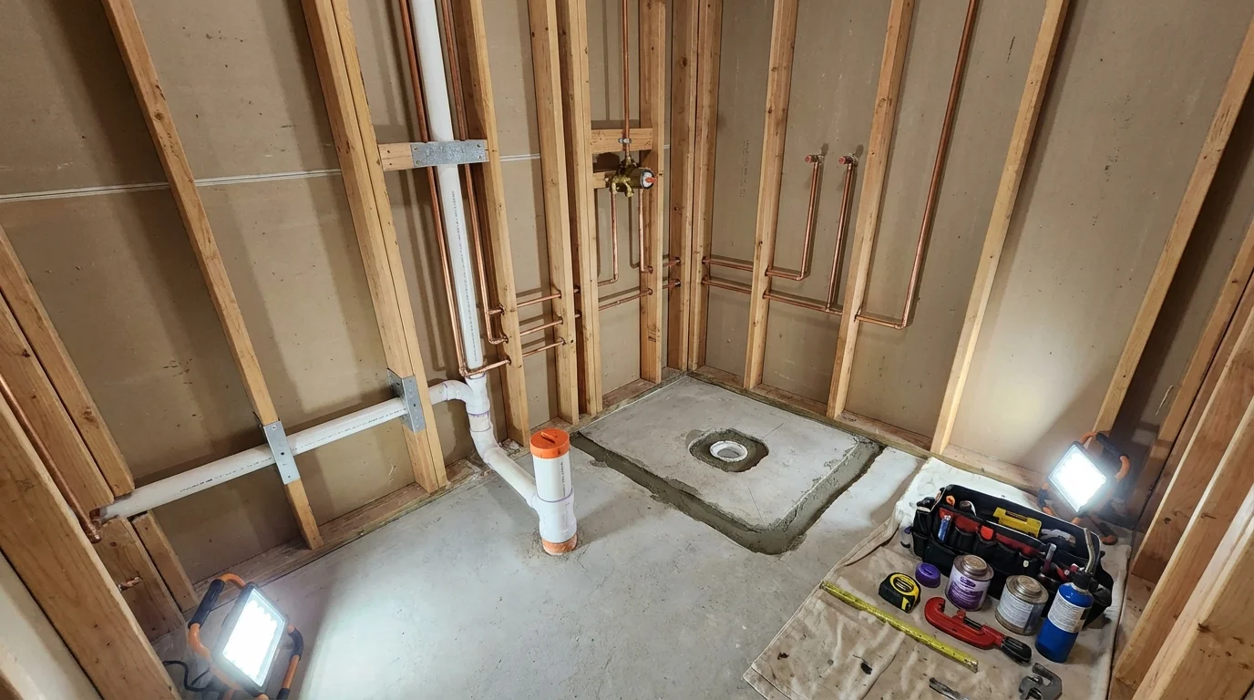 Bathroom rough-in plumbing during remodel by Johns Plumbing LLC in Moville