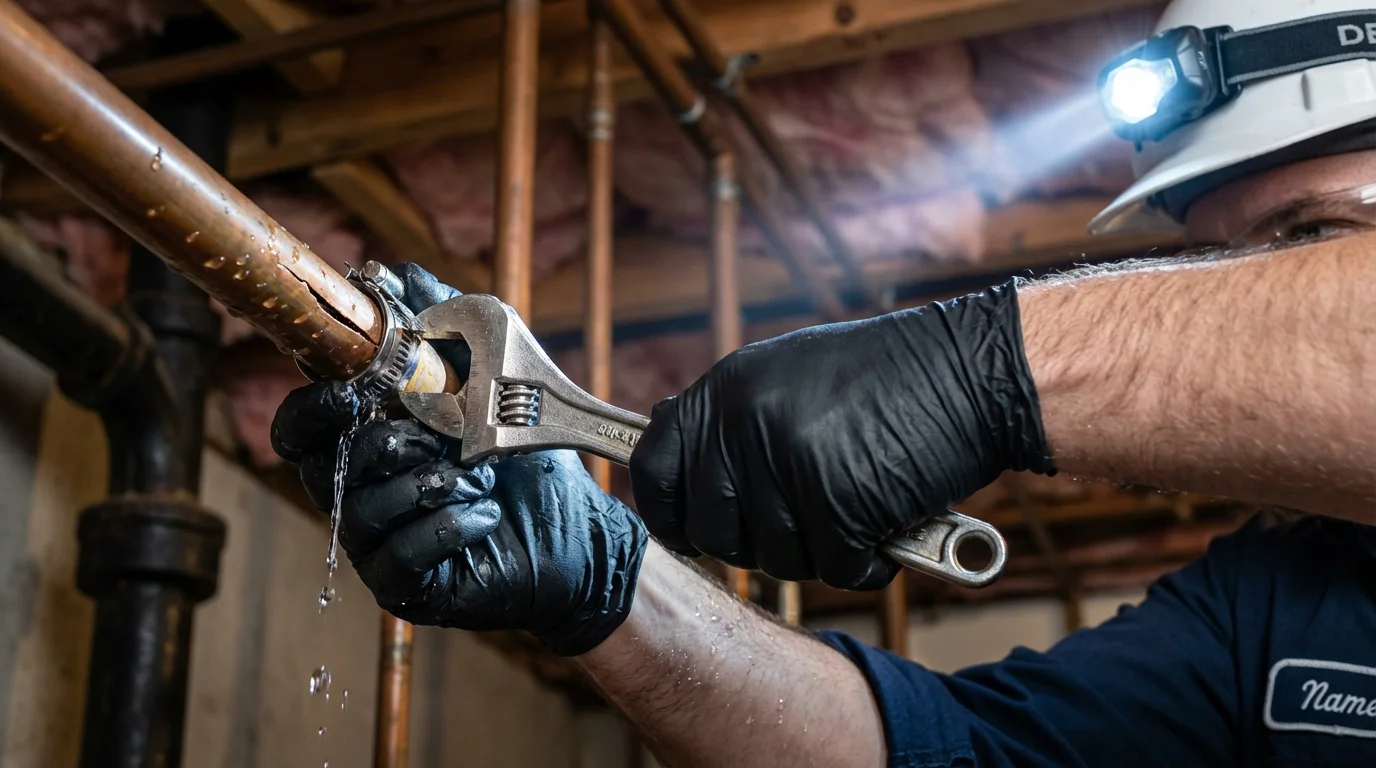Emergency pipe clamp repair being performed by a Johns Plumbing LLC plumber in Moville