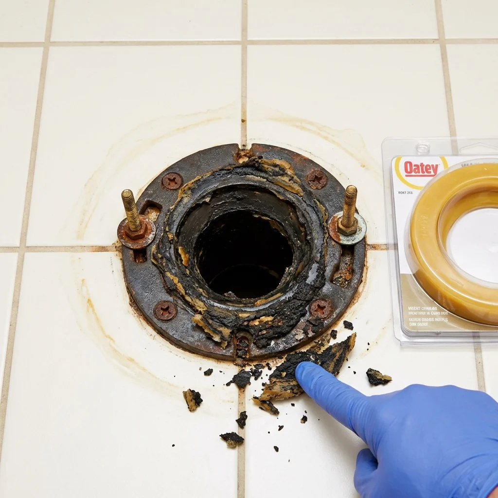 Failed wax ring showing water seepage at the base of a toilet in a Moville, IA home