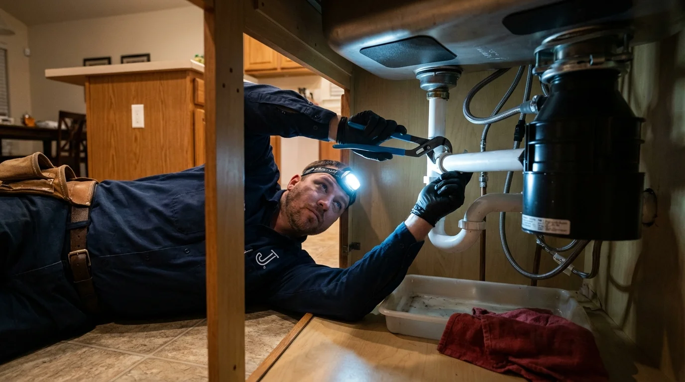 P-trap and supply line connections under a kitchen sink showing a common leak point in Moville, IA